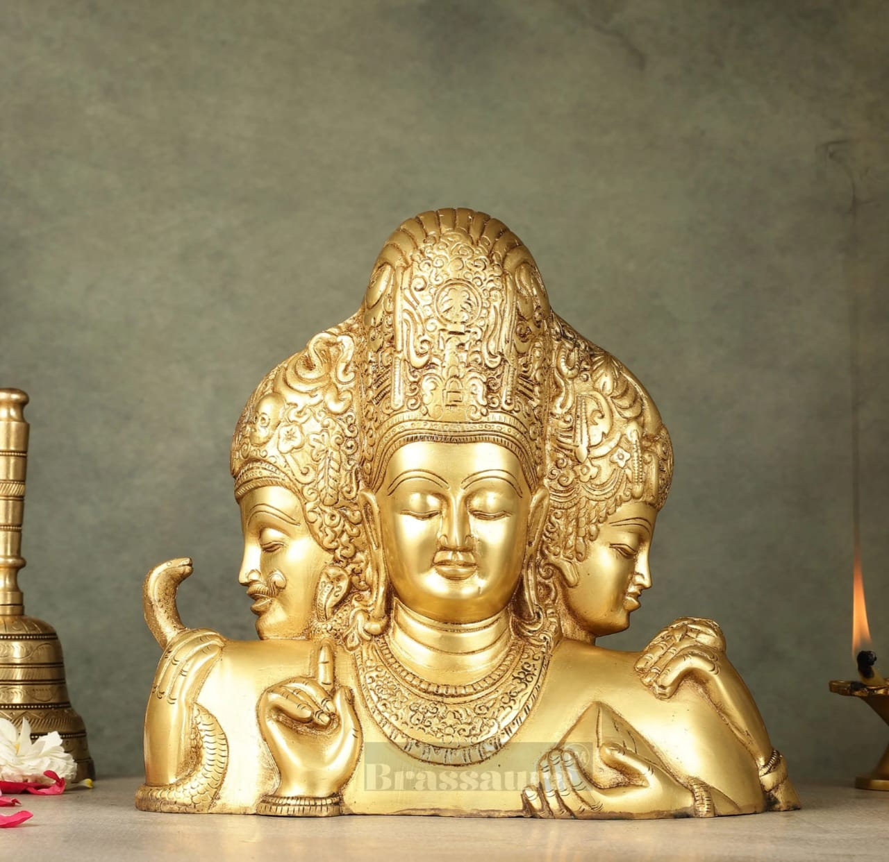 Brassaura™ Brass Superfine Trimurti Bust Statue – Brahma, Vishnu & Mahesh | 9.5 Inch, 4.6 Kgs