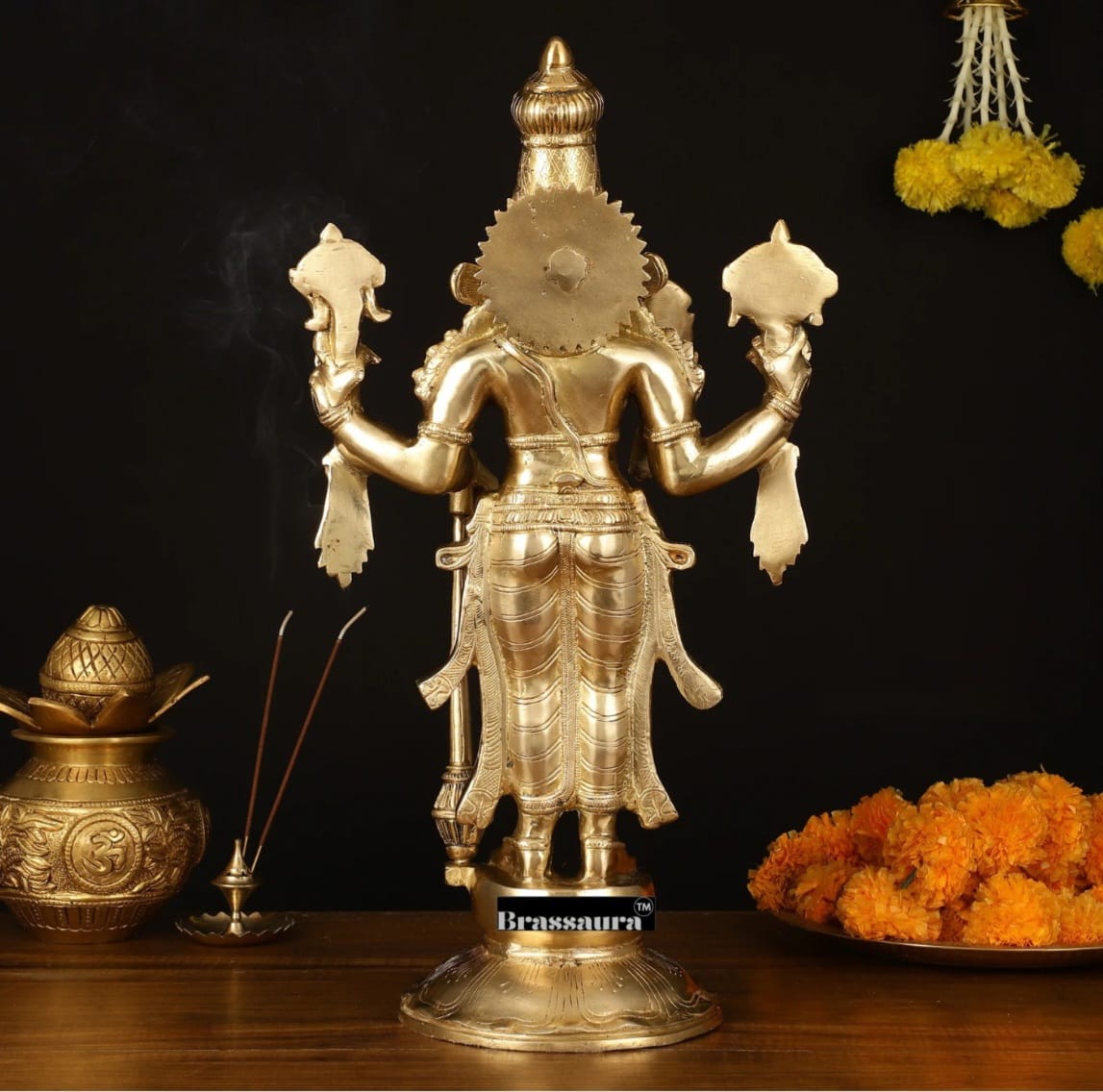 Brassaura™ Brass Standing Vishnu Idol – Height 20 Inches & Weight 12 Kgs | Meditation & Spiritual Accent