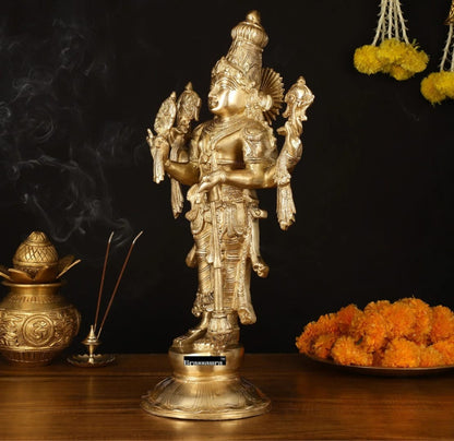 Brassaura™ Brass Standing Vishnu Idol – Height 20 Inches & Weight 12 Kgs | Meditation & Spiritual Accent