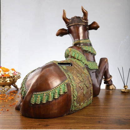 Brassaura™ Antique Brass Large Nandi Sculpture – Height 21.5 Inches & Weight 30 Kgs | Traditional Temple Idol