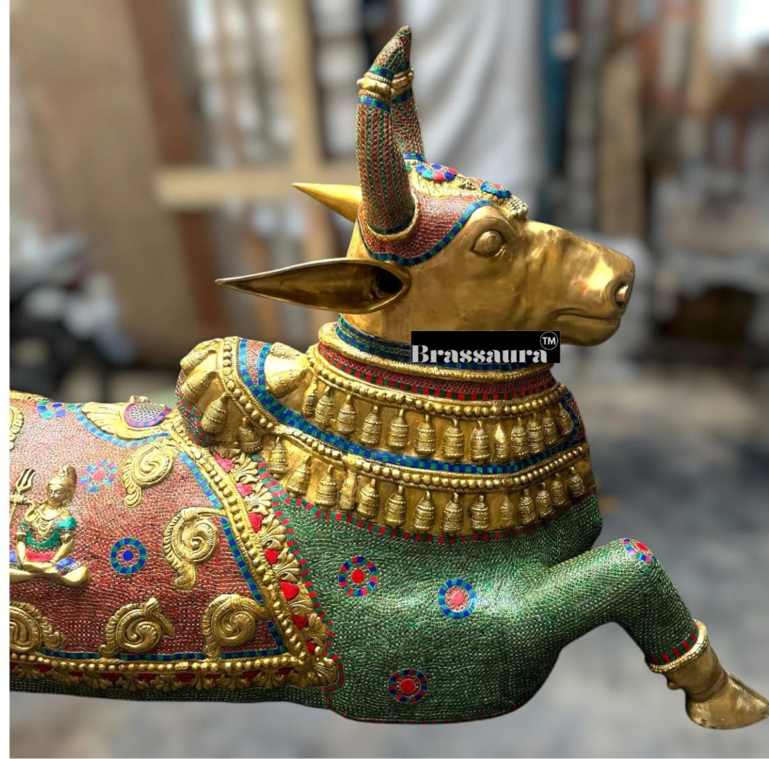 Brassaura™ Grand Brass Nandi Sculpture with Stonework – Height 82 Inches & Weight 151 Kgs | Majestic Temple Idol