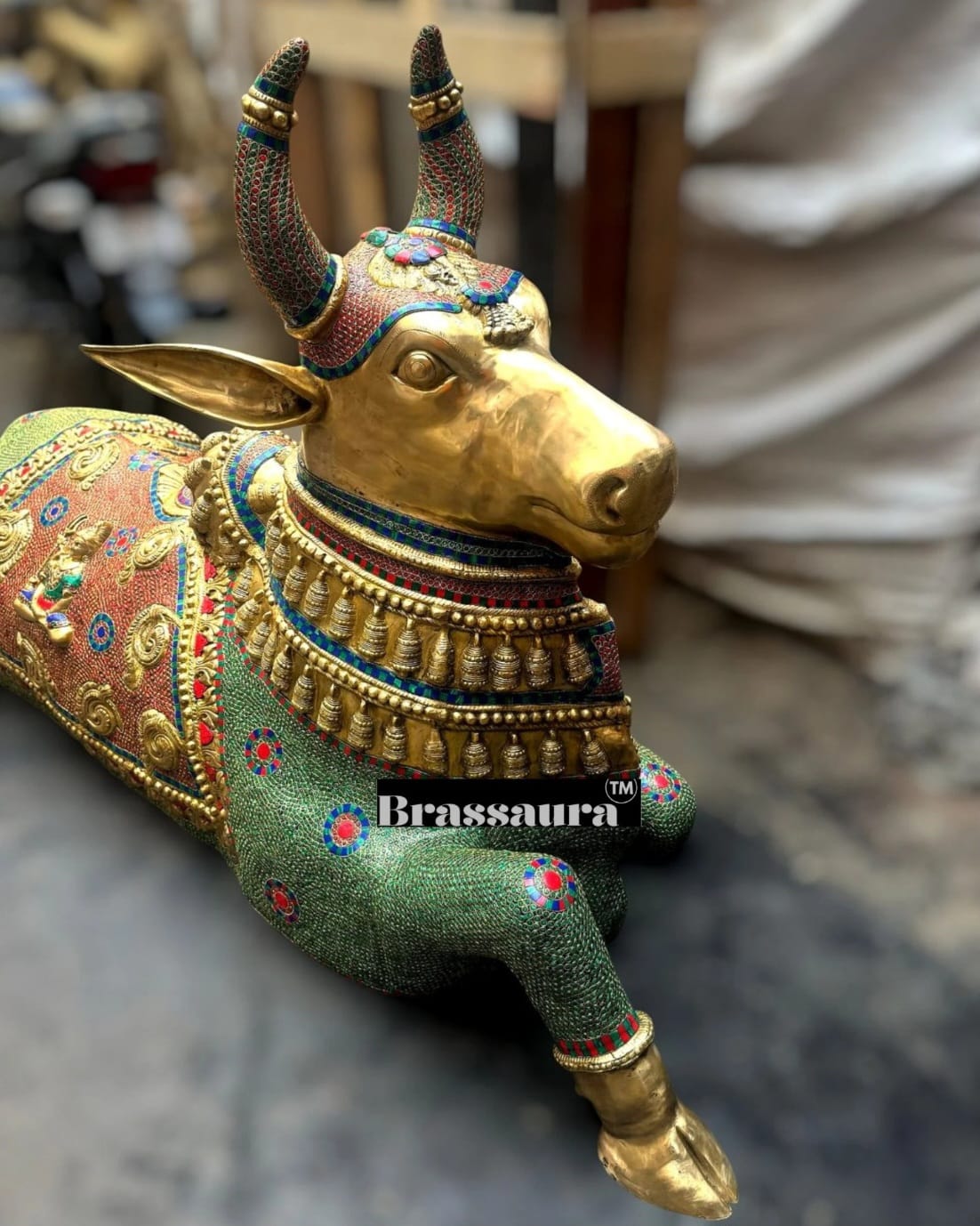 Brassaura™ Grand Brass Nandi Sculpture with Stonework – Height 82 Inches & Weight 151 Kgs | Majestic Temple Idol