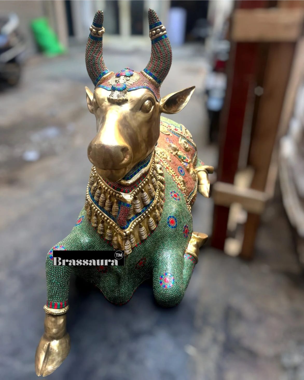 Brassaura™ Grand Brass Nandi Sculpture with Stonework – Height 82 Inches & Weight 151 Kgs | Majestic Temple Idol