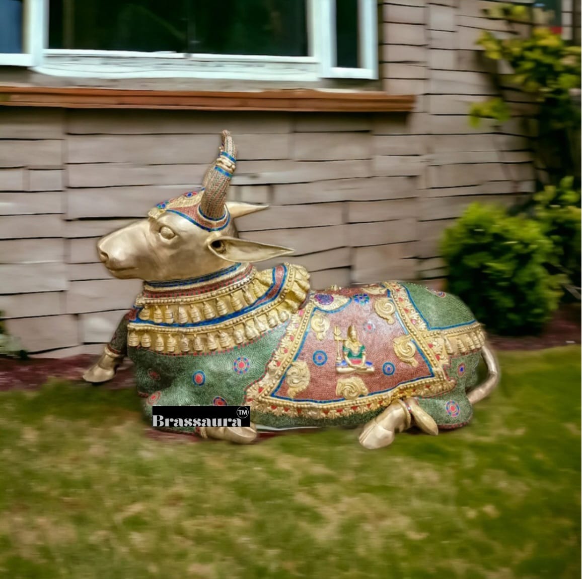 Brassaura™ Grand Brass Nandi Sculpture with Stonework – Height 82 Inches & Weight 151 Kgs | Majestic Temple Idol