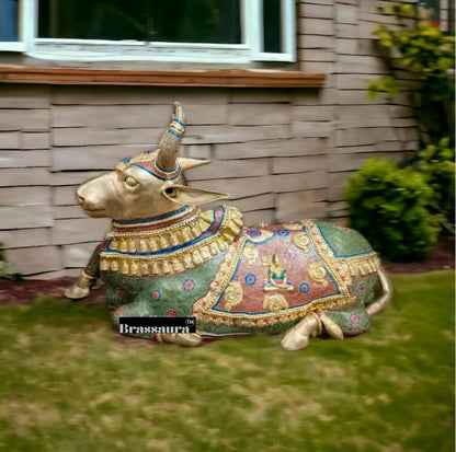 Brassaura™ Grand Brass Nandi Sculpture with Stonework – Height 82 Inches & Weight 151 Kgs | Majestic Temple Idol