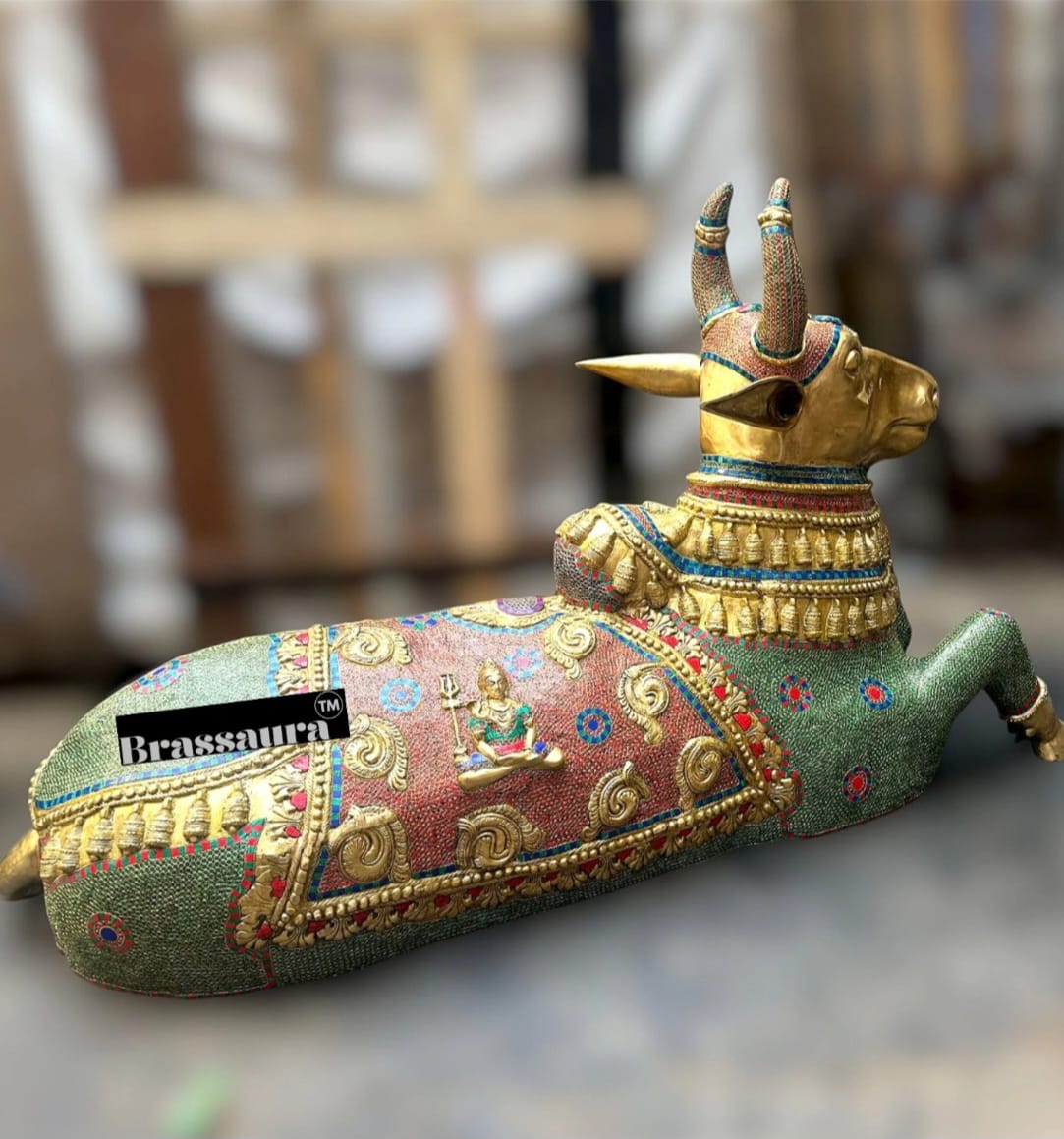 Brassaura™ Grand Brass Nandi Sculpture with Stonework – Height 82 Inches & Weight 151 Kgs | Majestic Temple Idol