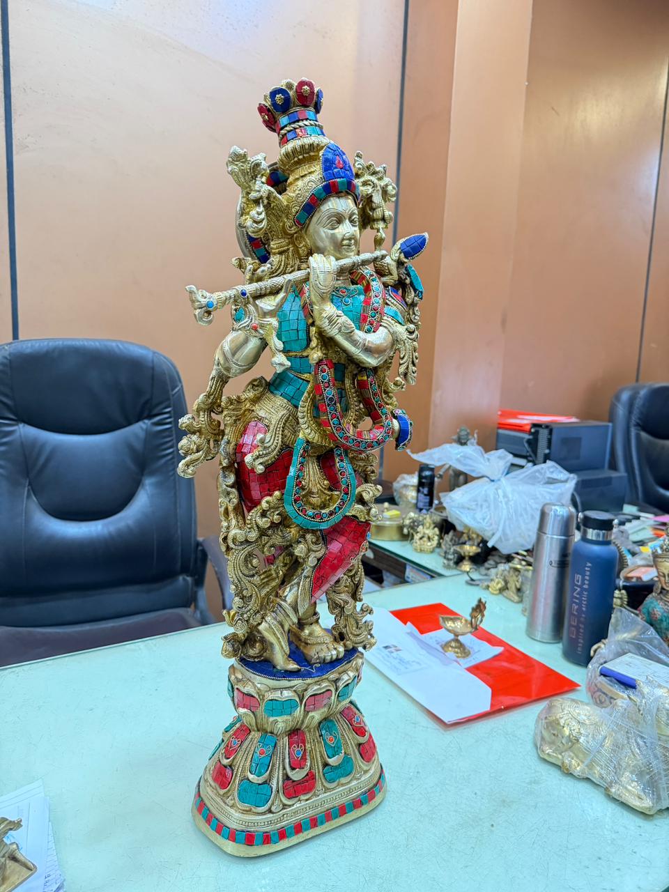 Brass Gem Stone Work Krishna Weight 16 Kg And Height 29 Inch