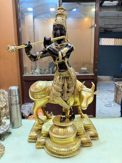 Brass Cow Krishna Murti Weight 26.7 Kg And Height 26.5 Inch