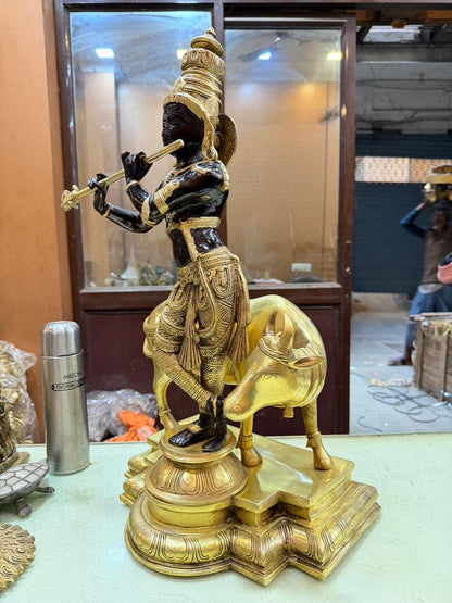 Brass Cow Krishna Murti Weight 26.7 Kg And Height 26.5 Inch