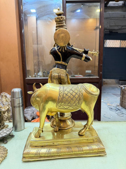 Brass Cow Krishna Murti Weight 26.7 Kg And Height 26.5 Inch