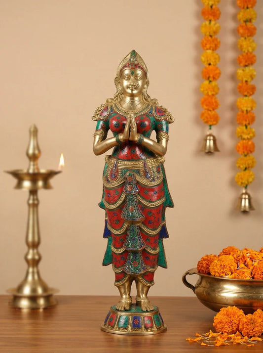 Brassaura® Brass Namaste Lady Sculpture with Inlay Work | Height 72.5 Inches