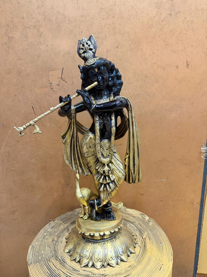 Brassaura® Superfine Black Lord Krishna Brass Idol | Pure Brass Handcrafted Krishna Murti with Serene Smiling Face | Black & Gold Finish | Home Temple, Pooja Room, Living Room Décor & Luxury Gifting | Height 27 Inches | Weight 20 Kg