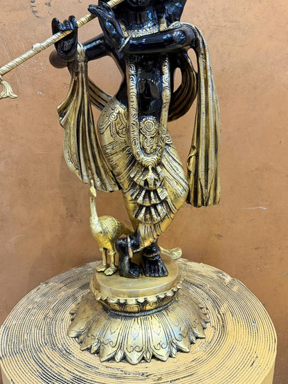 Brassaura® Superfine Black Lord Krishna Brass Idol | Pure Brass Handcrafted Krishna Murti with Serene Smiling Face | Black & Gold Finish | Home Temple, Pooja Room, Living Room Décor & Luxury Gifting | Height 27 Inches | Weight 20 Kg