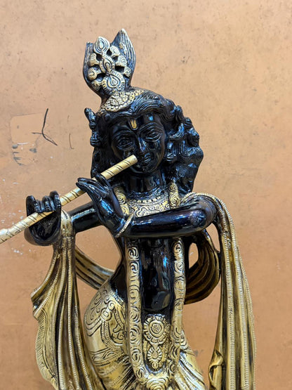 Brassaura® Superfine Black Lord Krishna Brass Idol | Pure Brass Handcrafted Krishna Murti with Serene Smiling Face | Black & Gold Finish | Home Temple, Pooja Room, Living Room Décor & Luxury Gifting | Height 27 Inches | Weight 20 Kg
