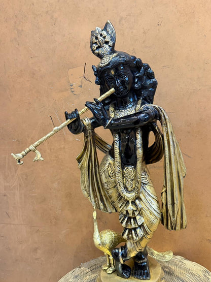 Brassaura® Superfine Black Lord Krishna Brass Idol | Pure Brass Handcrafted Krishna Murti with Serene Smiling Face | Black & Gold Finish | Home Temple, Pooja Room, Living Room Décor & Luxury Gifting | Height 27 Inches | Weight 20 Kg