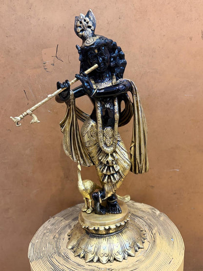 Brassaura® Superfine Black Lord Krishna Brass Idol | Pure Brass Handcrafted Krishna Murti with Serene Smiling Face | Black & Gold Finish | Home Temple, Pooja Room, Living Room Décor & Luxury Gifting | Height 27 Inches | Weight 20 Kg