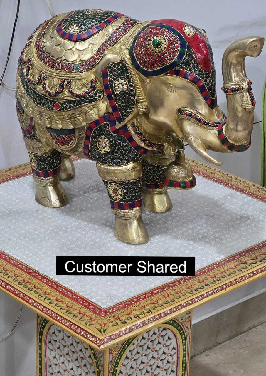 Brassaura® Brass Elephant Décor with Stonework | Handcrafted Meenakari Art Showpiece | Height 14 Inches & Weight 17 Kgs
