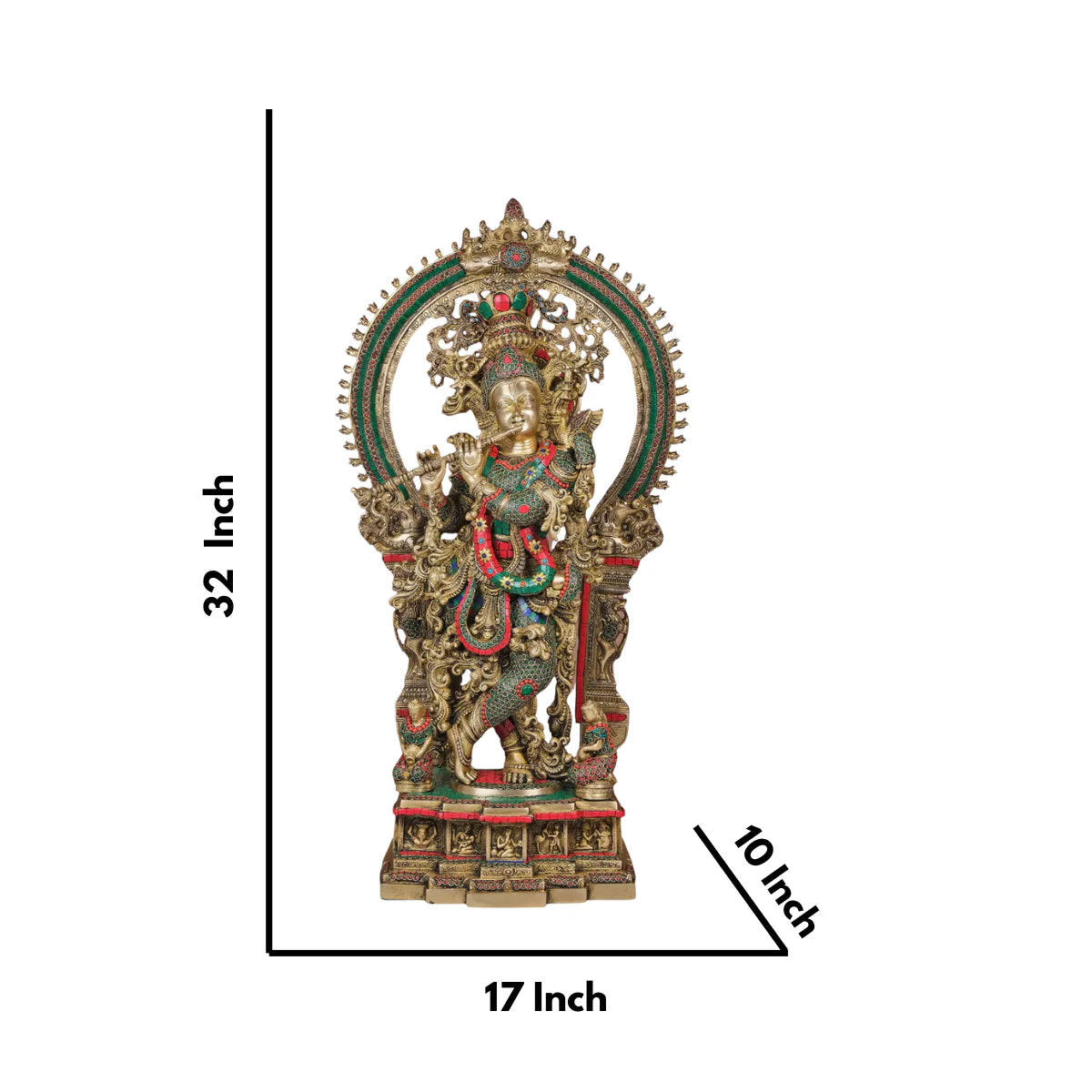 Brassaura® Brass Large Krishna Statue with Stone Work | Height 32 Inches