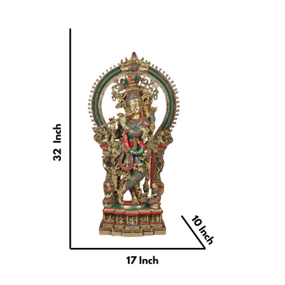 Brassaura® Brass Large Krishna Statue with Stone Work | Height 32 Inches
