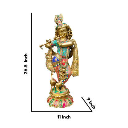 Brassaura® Brass Large Krishna Statue with Stone Work | Height 26.5 Inches