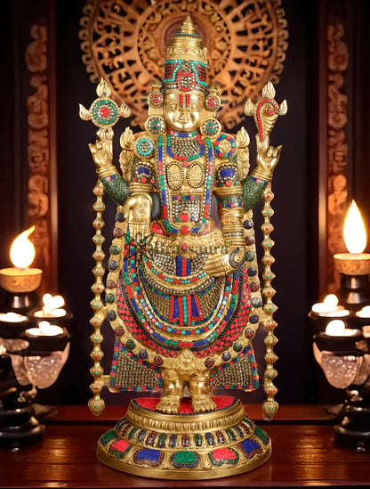 Brassaura™ Brass Lord Venkateshwara Idol with Stonework – 38 Inches, 37 Kgs