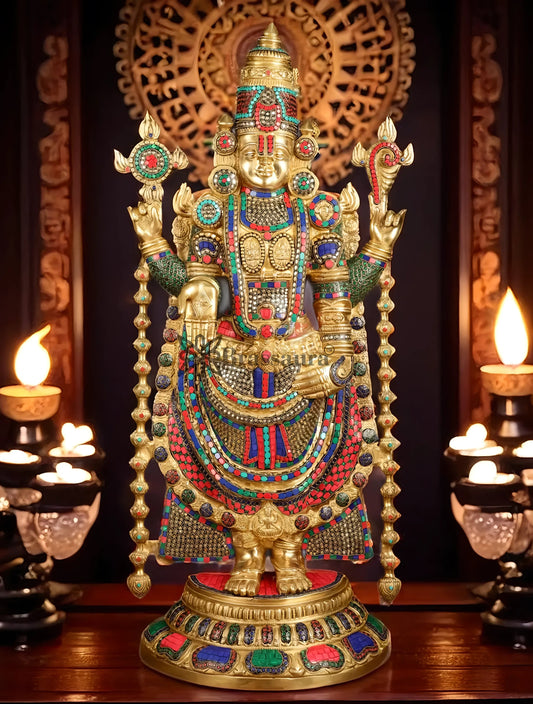 Brassaura™ Brass Lord Venkateshwara Idol with Stonework – 38 Inches, 37 Kgs
