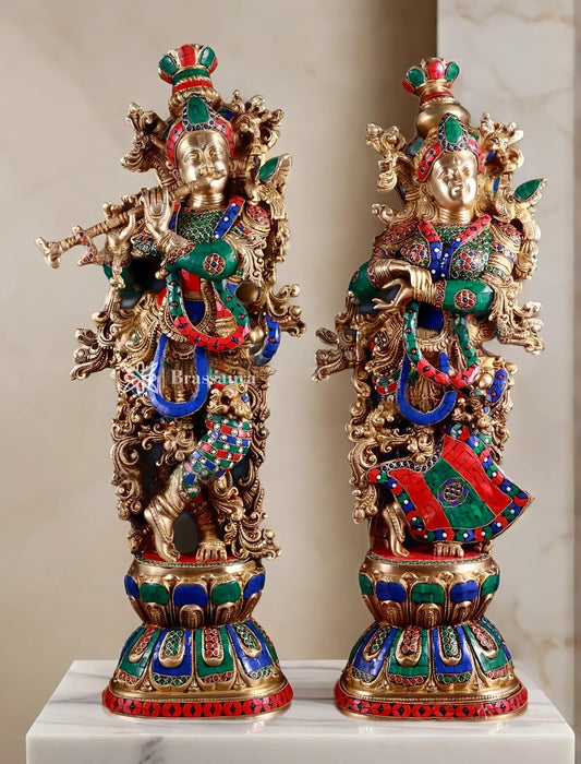Brassaura™ Handcrafted Brass Radha Krishna Idol Pair with Meenakari – Height 29.5 & 29 Inches & Weight 33 Kgs | Elegant Devotional Statue