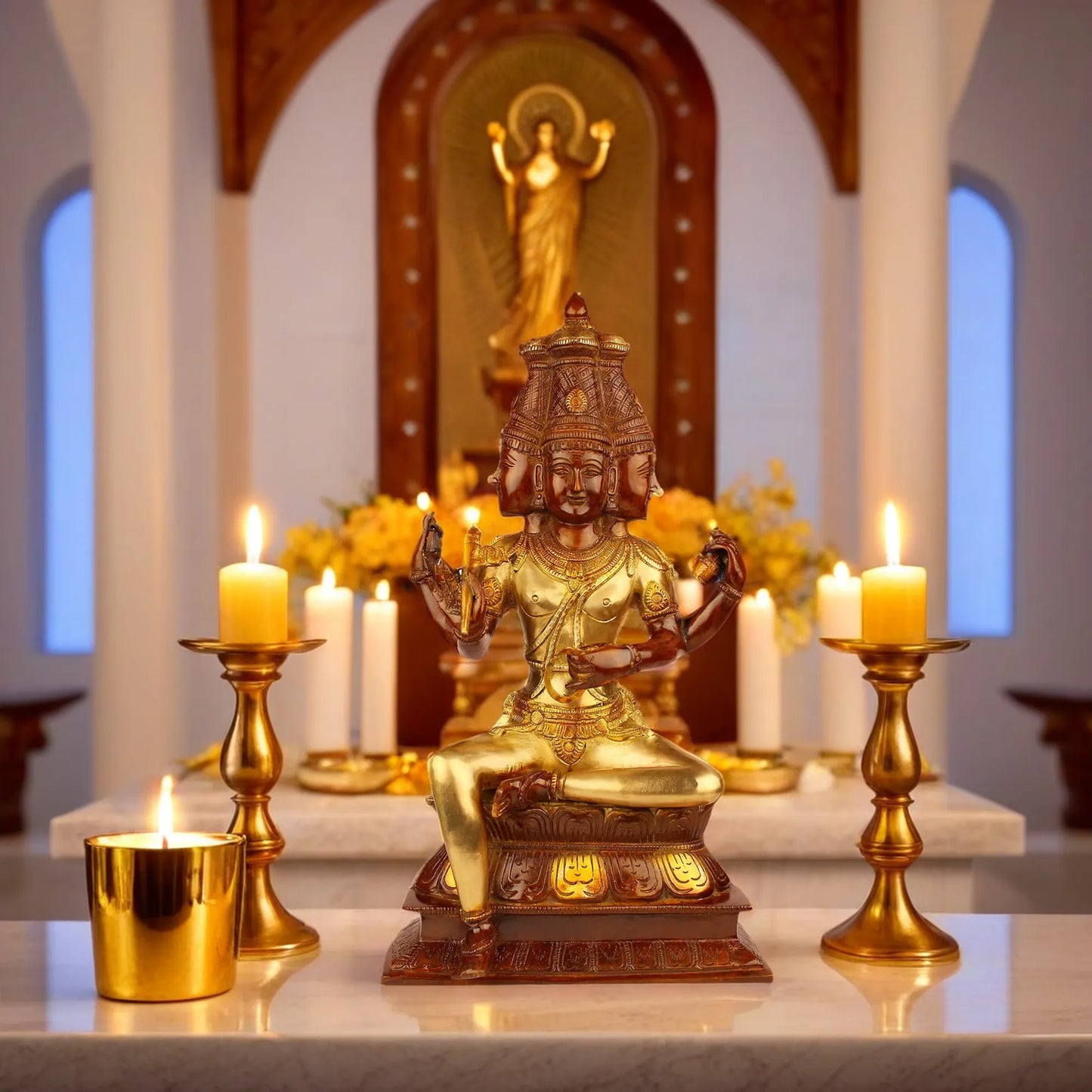 Brassaura™ Brass Brahma Dev Idol – Height 18 Inches & Weight 7.1 Kgs | Divine Brass Masterpiece for Pooja Room