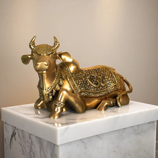Brassaura™ Handcrafted Brass Nandi Statue with Sacred Symbols – Height 7.5 Inches & Weight 7 Kgs | Traditional Temple Idol