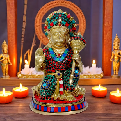 Brassaura™ Gemstone Crafted Brass Hanuman Murti – Height 9.2 Inches & Weight 3.4 Kgs | Temple Collection