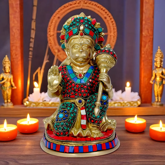 Brassaura™ Gemstone Crafted Brass Hanuman Murti – Height 9.2 Inches & Weight 3.4 Kgs | Temple Collection