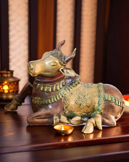 Brassaura™ Antique Brass Large Nandi Sculpture – Height 21.5 Inches & Weight 30 Kgs | Traditional Temple Idol