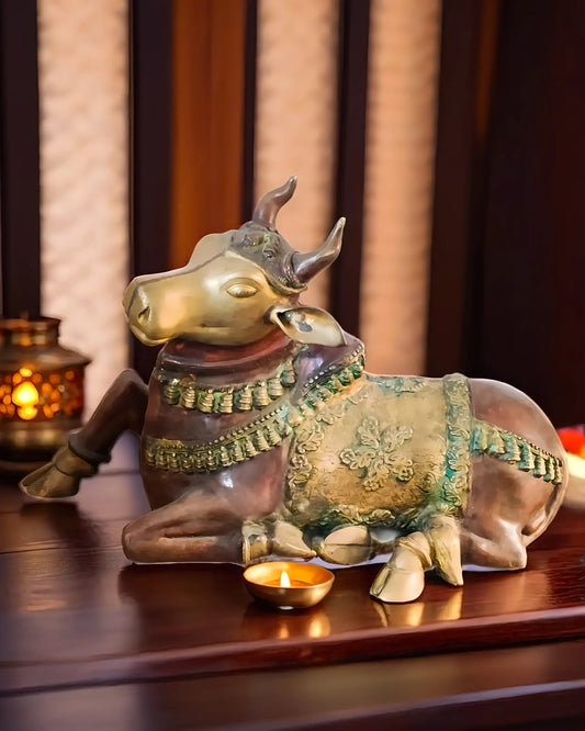 Brassaura™ Antique Brass Large Nandi Sculpture – Height 21.5 Inches & Weight 30 Kgs | Traditional Temple Idol