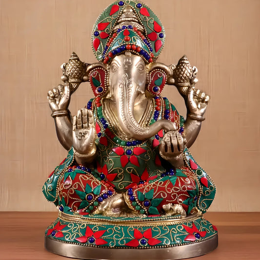 Brassaura™ Pure Brass Lord Ganesha Idol with Stonework | Handcrafted Spiritual Showpiece | Weight 2.9 Kgs | Height 8 Inches
