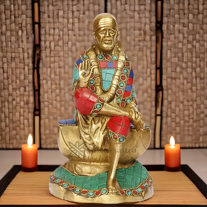 Brassaura™ Brass Sai Baba Idol – Height 9 Inches & Weight 2.4 Kgs | Devotional Masterpiece for Home Temple Décor