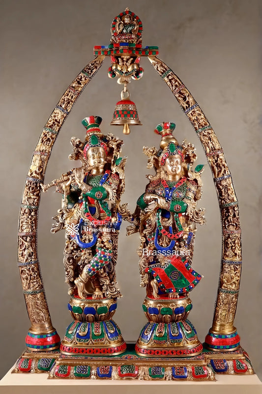 Brassaura™ Brass Radha Krishna Temple Arch with Krishna Leelas & Meenakari – Arch Height 45 Inches & Total Weight 70 Kgs | Elegant Devotional Masterpiece