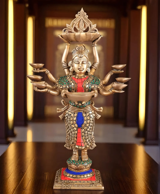 Brassaura™ Brass Deep Lakshmi Idol with Ten Hands – Height 15 Inches | Handcrafted Goddess Statue, 4 Kgs