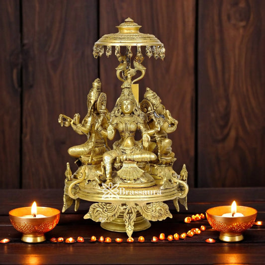 Brassaura™ Traditional Brass Antique Laxmi Ganesha Saraswati Murti – Height 17 Inches & Weight 12 Kgs | Hindu Idol