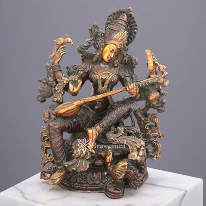 Brassaura™ Heavy Brass Saraswati Idol – Height 16 Inches & Weight 14.6 Kgs | Spiritual Statue