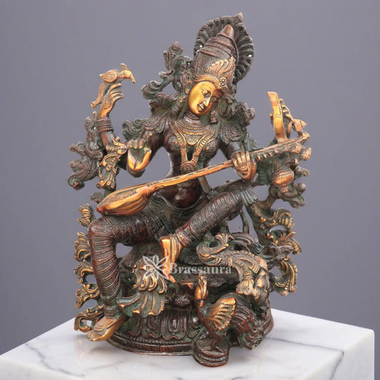 Brassaura™ Heavy Brass Saraswati Idol – Height 16 Inches & Weight 14.6 Kgs | Spiritual Statue