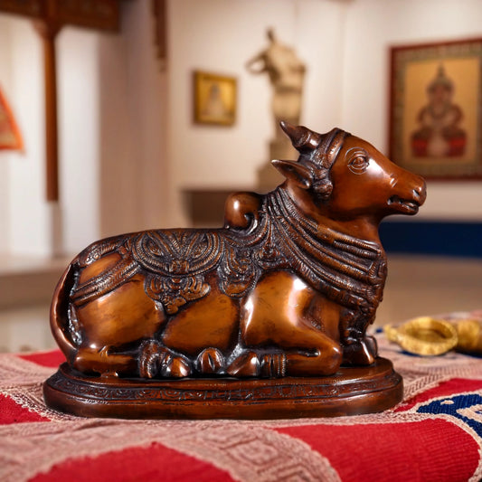 Brassaura™ Pure Brass Nandi Idol with Vintage Chola Brown Finish | Handcrafted South Indian Temple Art | Weight 7 Kgs | Height 9.5 Inches