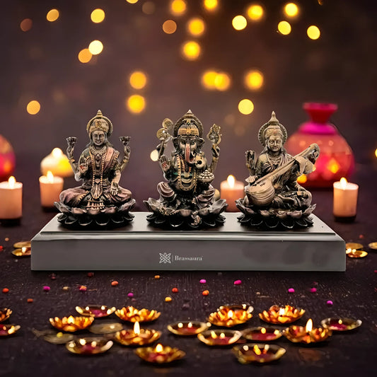 Brassaura™ Resin Laxmi Ganesha Saraswati Statue - Height 4.8 Inches & Weight 0.9 Kgs | Home & Puja Décor