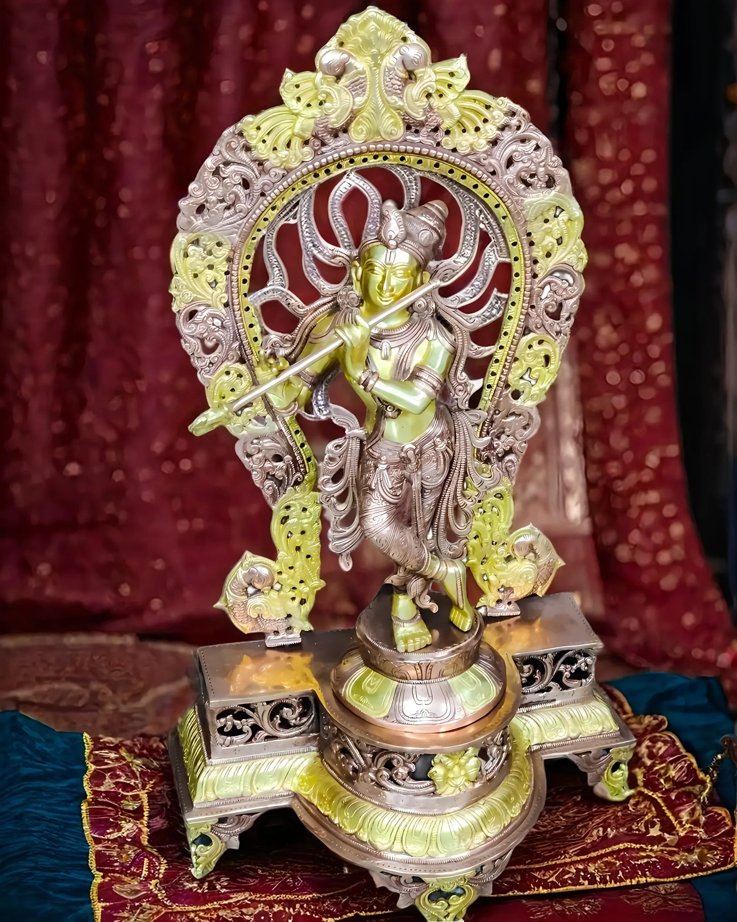 Brassaura™ Krishna Playing Flute with Prabhavali Frame | Pure Brass | Height 31 Inches & Weight 20 Kgs