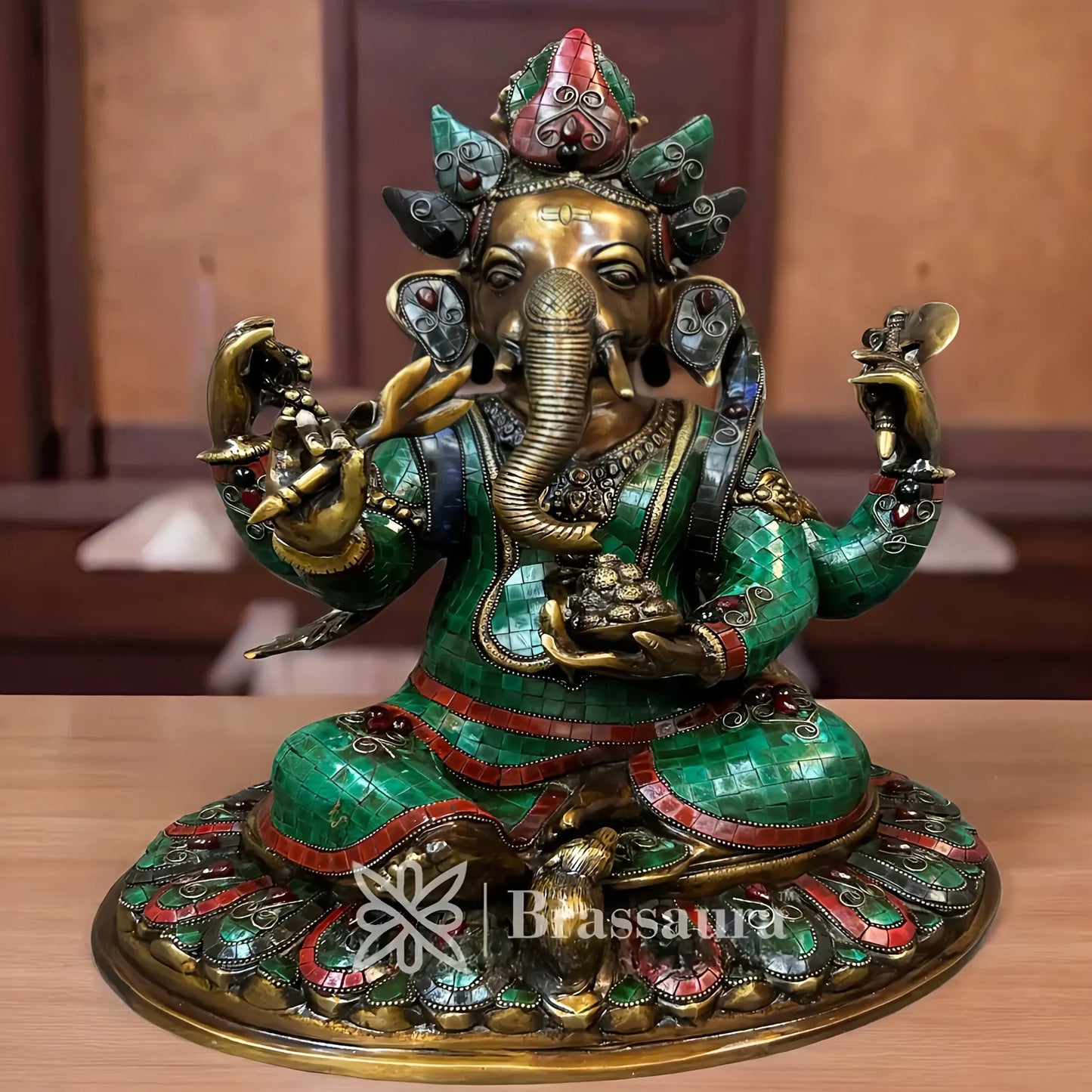 Brassaura™ Brass Gem Stone Work Lotus Ganesha Idol for Home and Decor | Weight 14.7 Kgs | Height 16.93 Inches