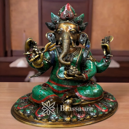 Brassaura™ Brass Gem Stone Work Lotus Ganesha Idol for Home and Decor | Weight 14.7 Kgs | Height 16.93 Inches
