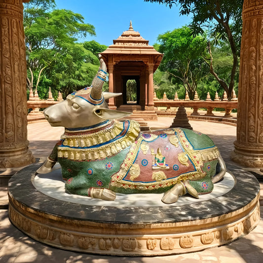 Brassaura™ Grand Brass Nandi Sculpture with Stonework – Height 82 Inches & Weight 151 Kgs | Majestic Temple Idol