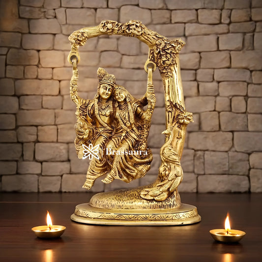 Brassaura™ Pure Brass Radha Krishna Swing – 10.5" Height | 3.10 kg – Divine Tree-Hung Idol for Home Décor