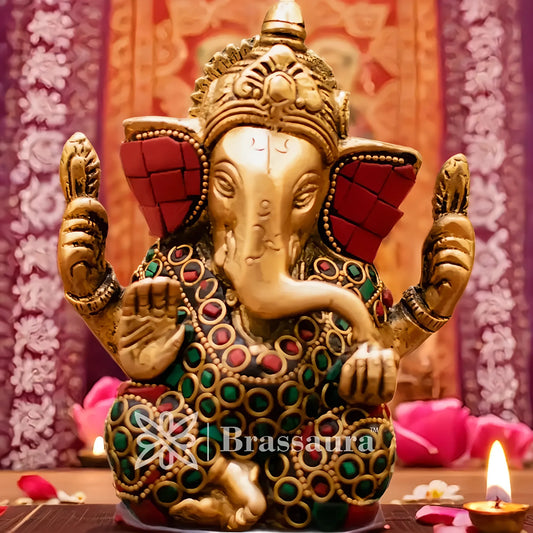 Brassaura™ Brass Gem Stone Work Appu Ganesha Idol for Home and Decor | Weight 0.8 Kgs | Height 4.5 Inches