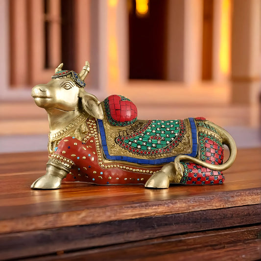 Brassaura™ Brass Nandi Statue with Intricate Stonework – Height 15" & Weight 9 Kgs | Temple & Home Décor