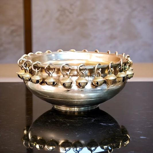 Brassaura™ Handcrafted Brass Round Urli Bowl with Ghungroos – 1.2 kgs, 3 Inches Height – Traditional Decorative Accent
